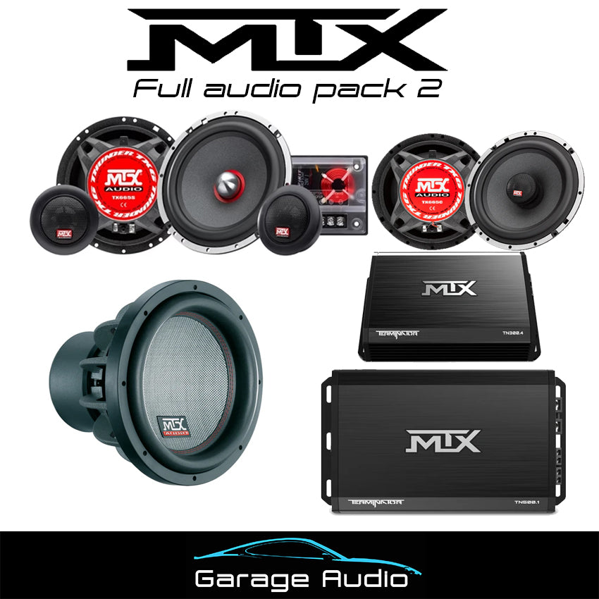 MTX Full Audio pack 2

Contains:

MTX audio TX6 component speakers

MTX audio TX46 coaxial speakers

MTX TX6 12 inch 800 watt subwoofer

MTX 500 watt Mono channel amplifier

MTX 4 channel amplifier