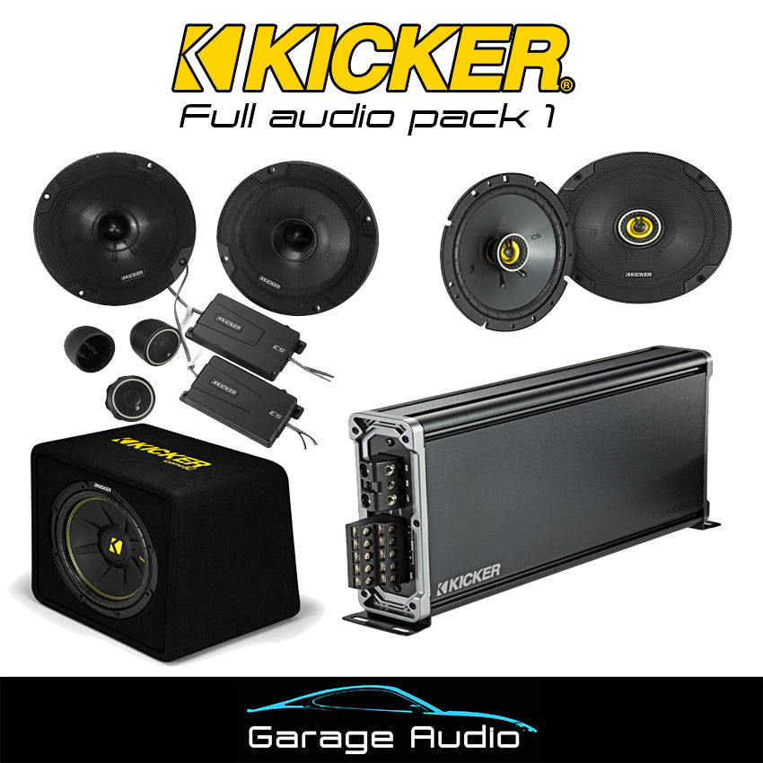 Kicker Full audio pack 1

Contains:

Kicker component speakers

Kicker coaxial speakers

Kicker 5 channel amplifier

Kicker 300 watt 12″ Subwoofer&nbsp;