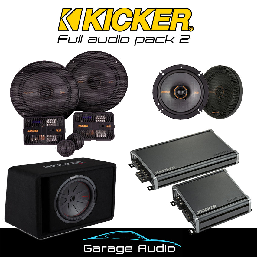 Kicker Full Audio Pack 2

Contains:&nbsp;

Kicker component speakers

Kicker coaxial speakers

Kicker 4 channel amplifier

Kicker 800 watt Mono amplifier

Kicker 500 watt 12″ Subwoofer&nbsp;